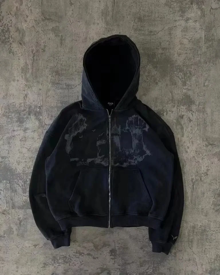 2026 Vintage Gothic Totenkopf Kreuz Flügel Reißverschluss-Hoodie Unisex Oversized Langarm Y2K Heavy Metal Punk Streetwear Jacke für Kinder – Detail 7