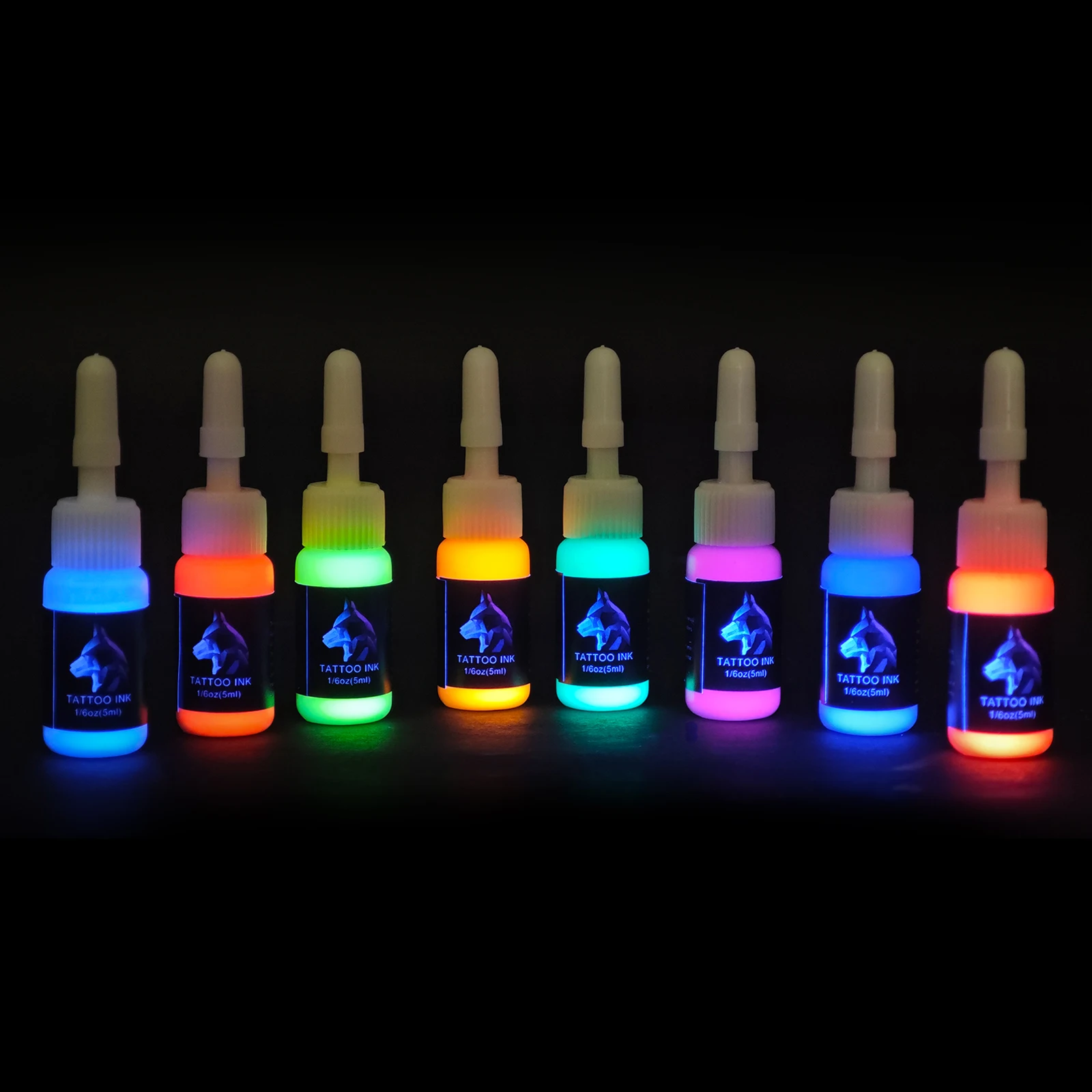 ชุดหมึกสักเรืองแสง 8 สี 15 มล. (1/2 ออนซ์) สำหรับแฟชั่นที่มีสีสันเรืองแสงศิลปะบนร่างกายเรืองแสงผลผ้าใบมนุษย์