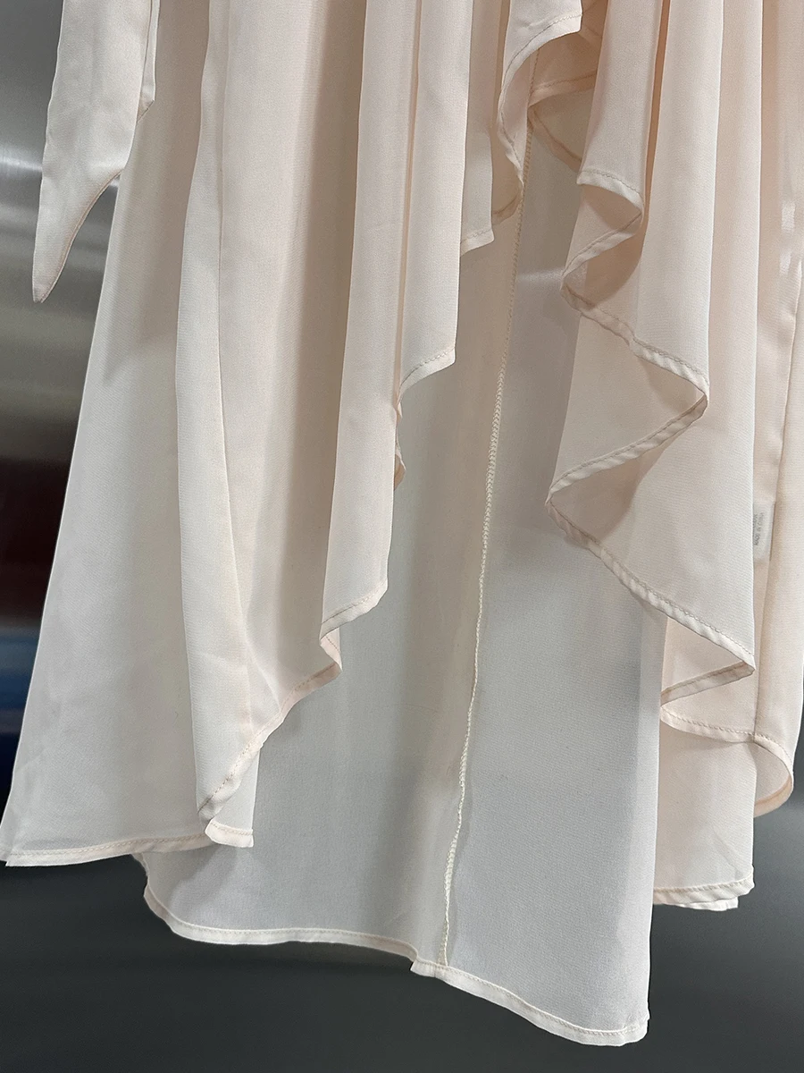 VGH Patchwork SHEER ตาข่ายหลวมเสื้อผู้หญิงคอยาวแขนยาวไม่สมมาตรความยาวกลางเสื้อหญิง