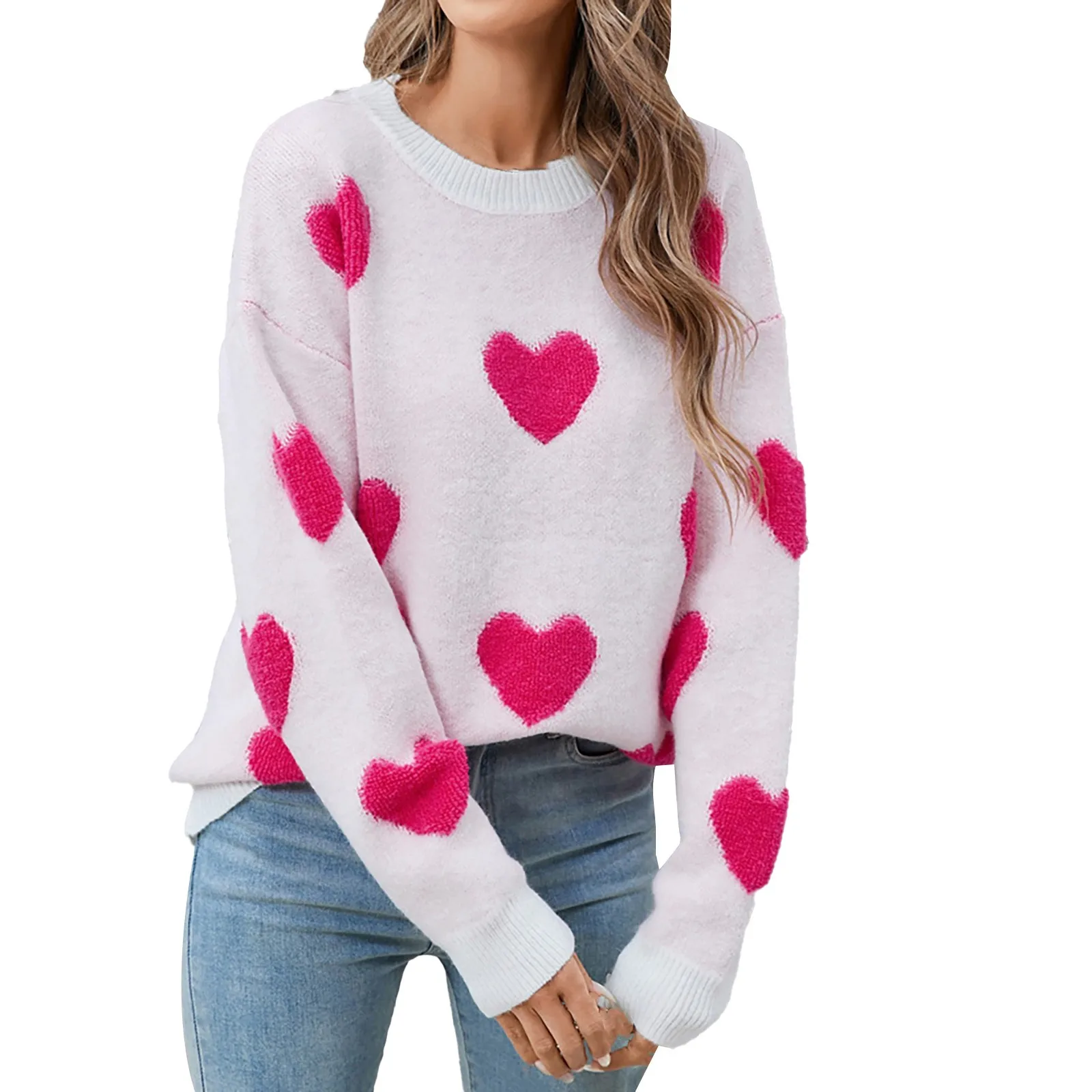 Sporty Chic Women's Valentine's Day Heart Pattern Sweater Long Sleeve Drop Shoulder Causal Sweet Love Pullovers Student Clothing