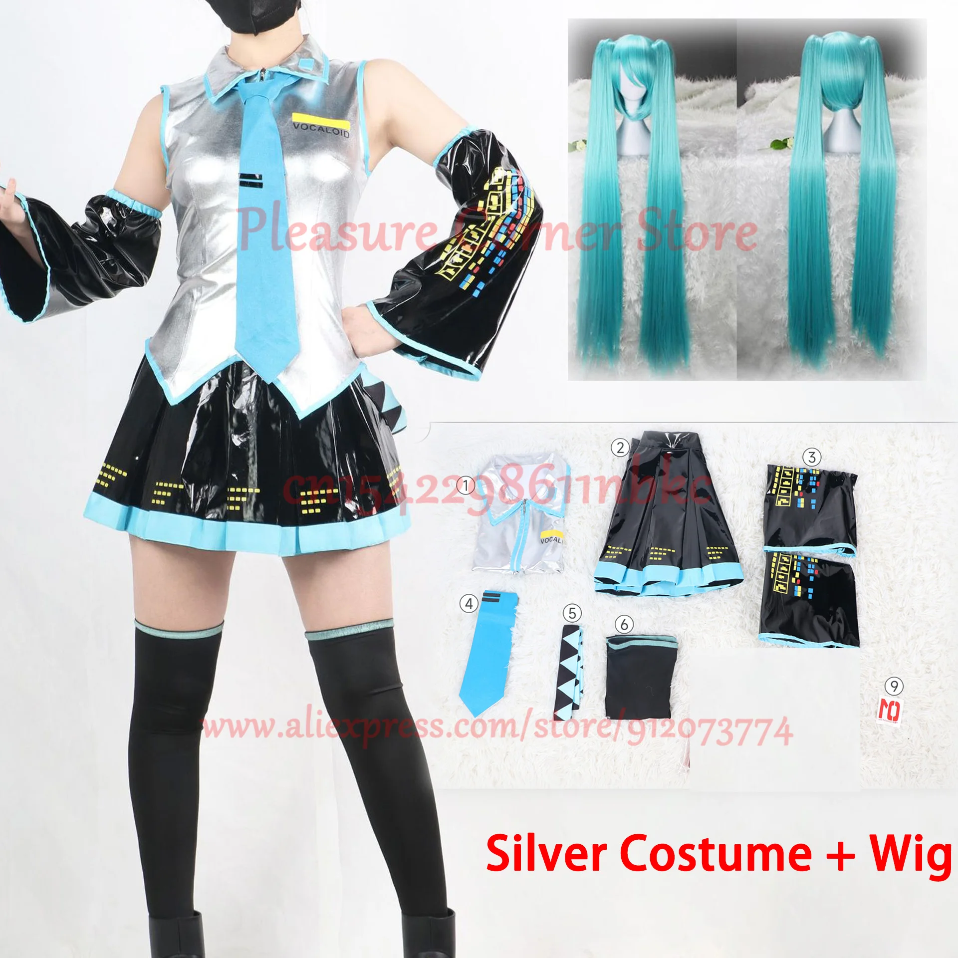 Miku Cosplay Costume Full Set Silver Leather Fabric Suit Miku Cosplay Headwear Costume Outfit JK Sailor Dress School Uniform - Image 5