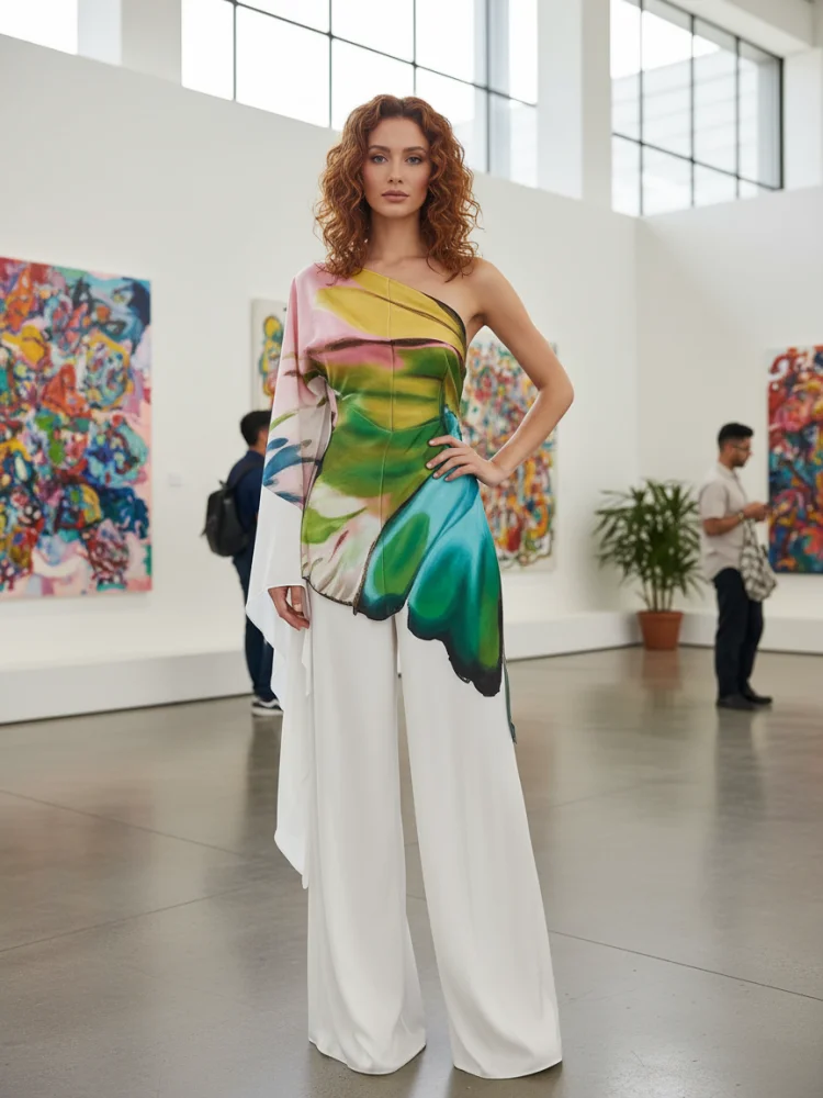 بدلة قفز نسائية أنيقة بأكمام واحدة من Freeacy بأكمام واسعة وساق واسعة فضفاضة مناسبة للحفلات بدلة من قطعة واحدة مآزر مطبوعة