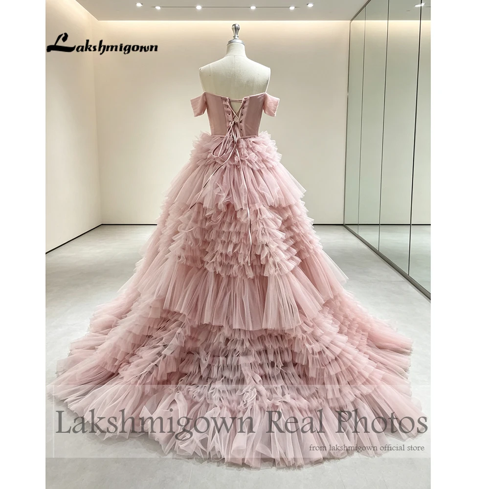 Lakshmigown Rosa Netz-Abschlussballkleid, gestuft, trägerlos, Partykleid für Hochzeit, schulterfrei, Kleid für besondere Anlässe, maßgeschneidert – Detail 5
