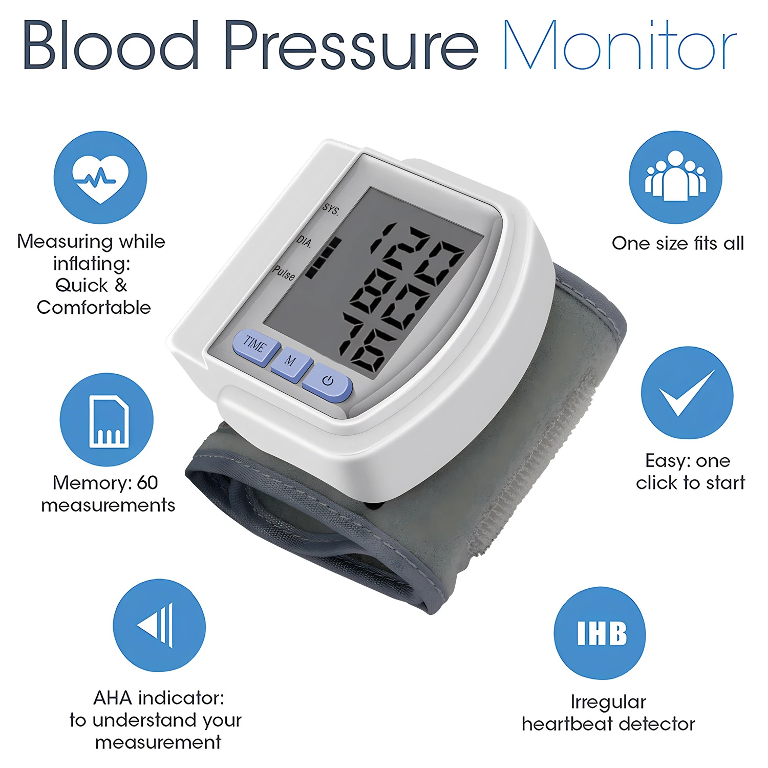 Monitor digital de pressão arterial de pulso, esfigmomanômetro médico para braço superior, tonômetro automático, medidor de pressão arterial