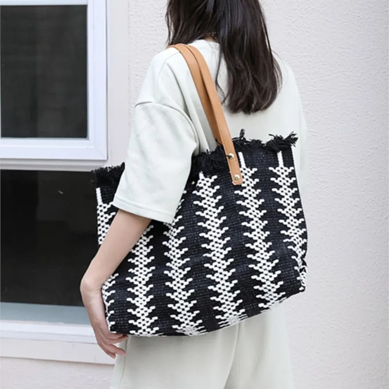 

JIAERDI тканая сумка-тоут с бахромой, женская черная сумка большой вместимости, женская модная повседневная универсальная персонализированная сумка подмышками 2025