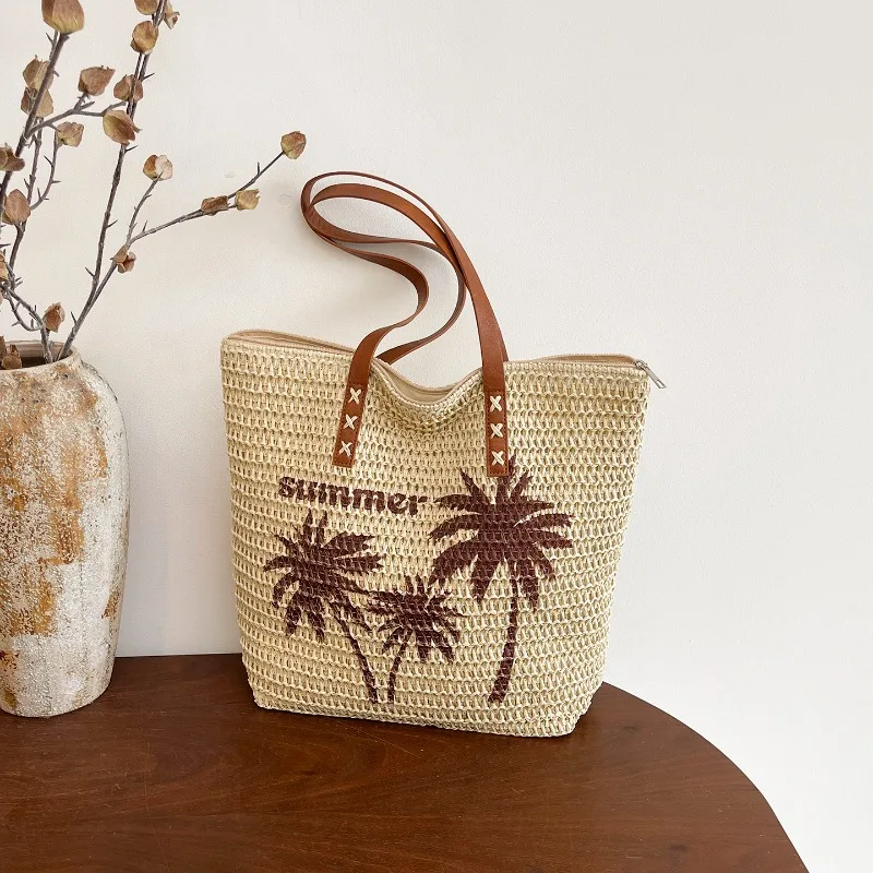 

Плетеная сумка-шоппер из соломы с вышивкой в стиле Simple Trend, с изображением кокосовой пальмы, летняя, большая вместимость, женская, в стиле Бали Бохо, пляжная сумка 2026