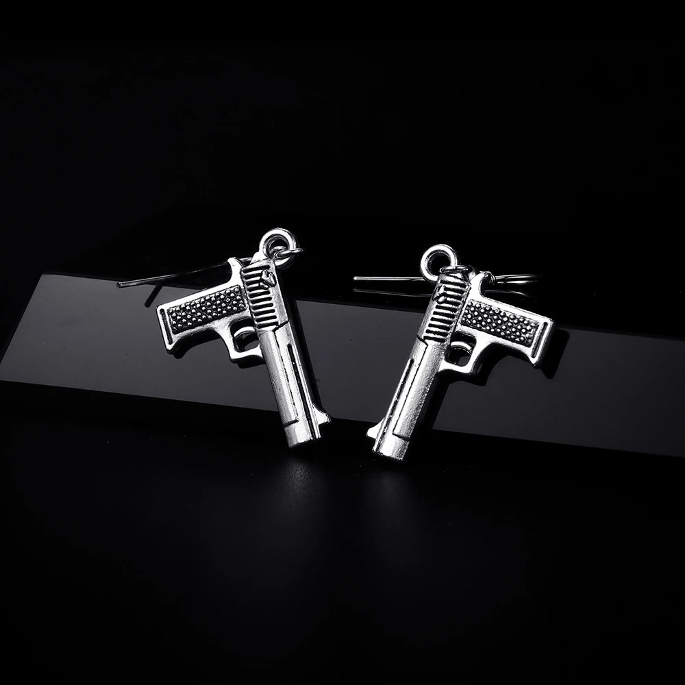 Trendy Vintage Pistol Gun Shape Dangle Antique Bronze Plated Earrings for Women and Man Retro Cute Punk Drop Earrings Jewelry