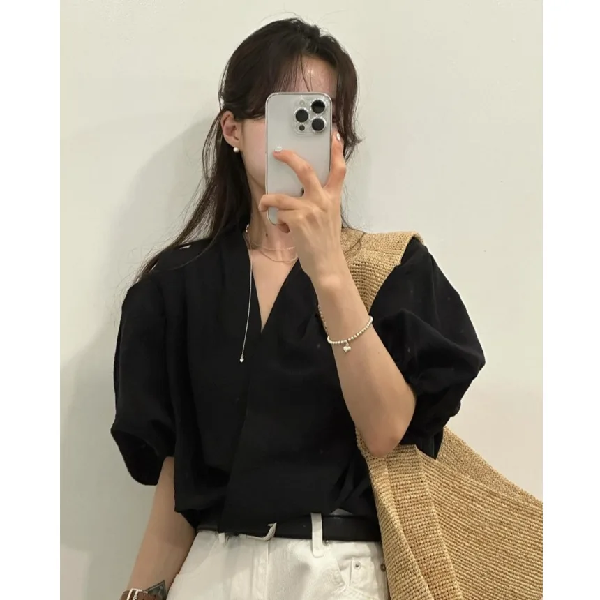 Koreanische Sle Loose Summer ort Sve V-Ne Bubble Sve irt Damen Chic Wrap Body irt Bubble Sve Chiffonbluse