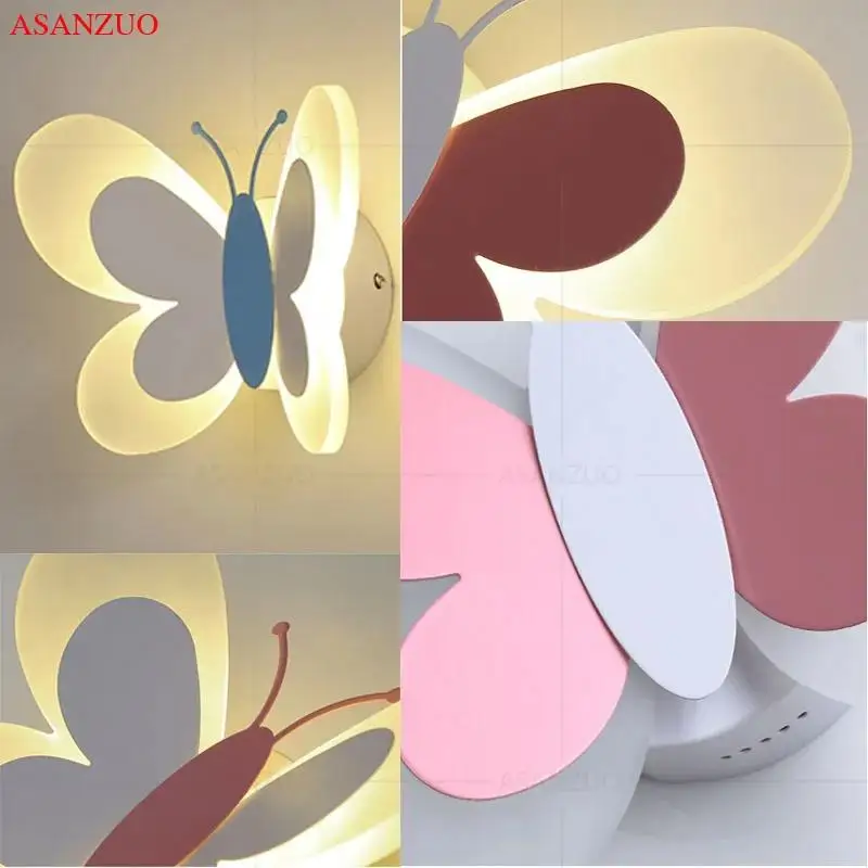 Pink Butterfly Led Wall Sconce For Kids Bedroom Night Lights Deco Maison Lampara De Pared Lamp For Girls room