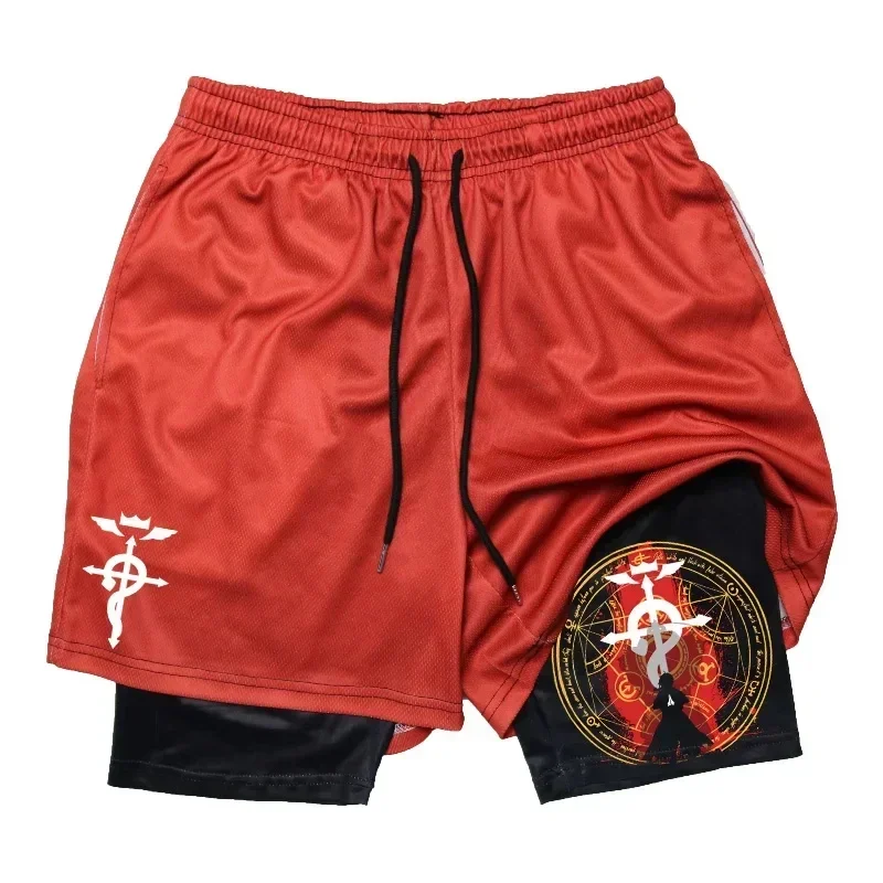 Fitness shorts Man Anime Fullmetal Alchemist Gym Workout Shorts for Men 2 in 1 Compression Shorts Pockets Quick Dry Running