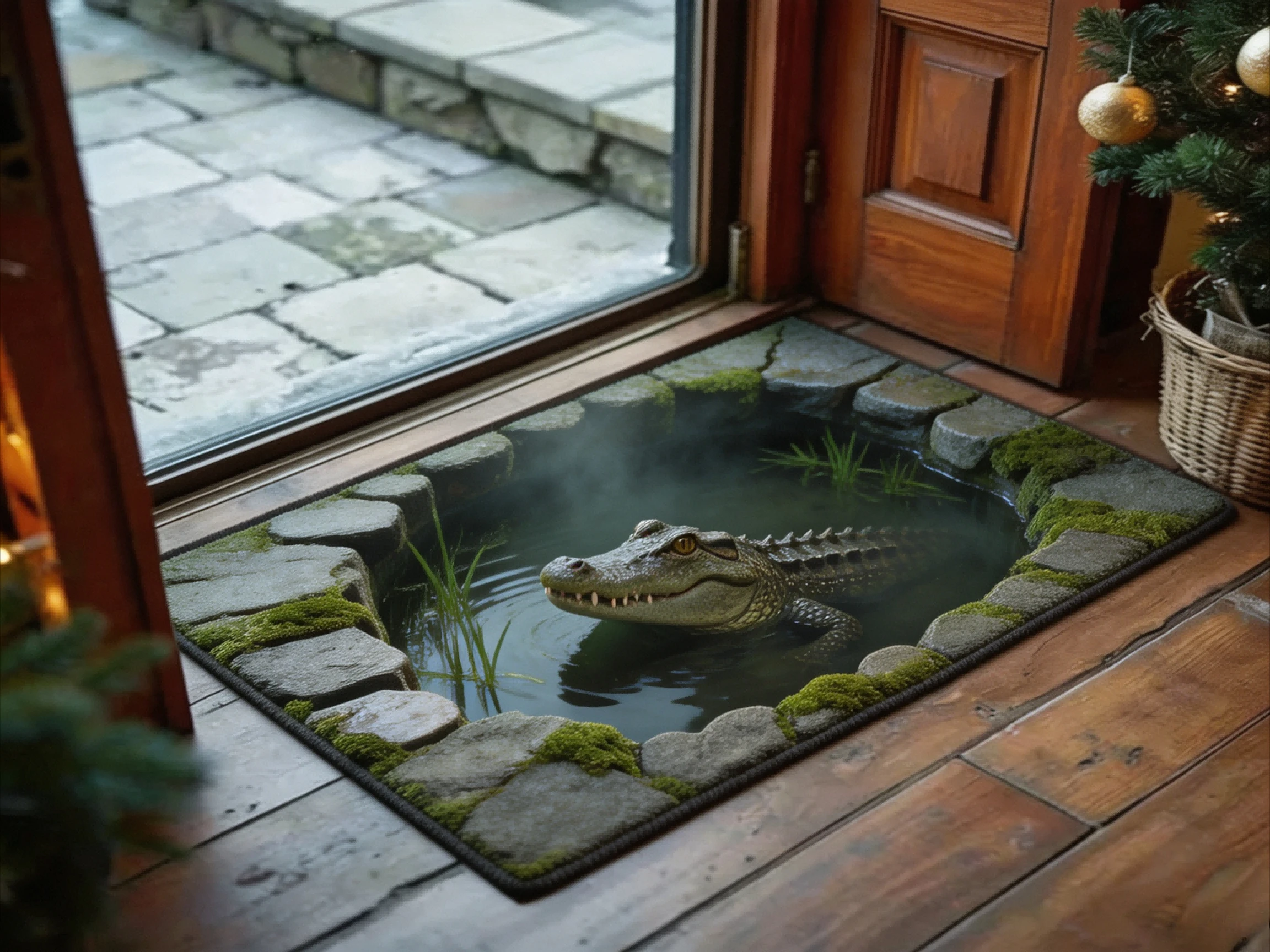 2D Illusion Crocodile Area Rug Swamp Pit Moss Aquatic Plant Art Print Fantasy Wildlife Graphic Rug for Bedroom Home Space