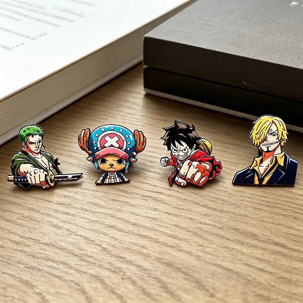 Straw Hat Pirates Anime Enamel Pins Set, 4Pcs Luffy Roronoa Zoro Sanji Tony Tony Chopper Cartoon Metal Brooches for Backpack