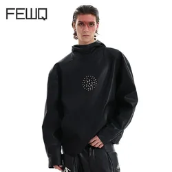 FEWQ Metal Rivet Design Loose PU Leather Hoodie Hooded 2024 Autumn Darkwear Long Sleeve Male Tops Korea Fashion 24E2506