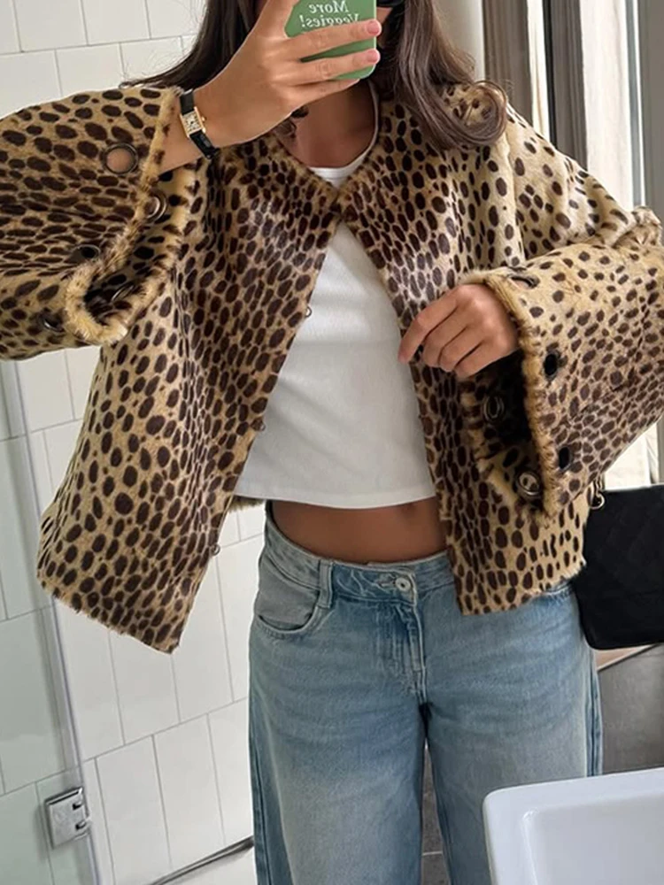 

Lady Long Sleeve O-neck Commute Outwear Casual Single Breasted Women's Fur Warm Overcoat Fashion High Street Leopard Print Coat