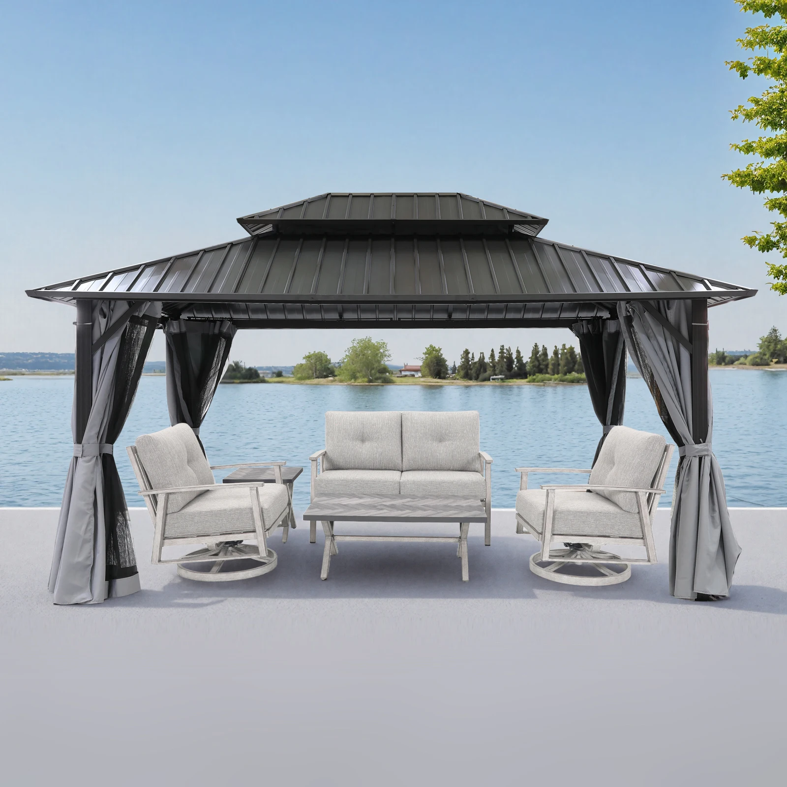 

12x10ft Windproof Anchoring Spacious Hardtop Gazebo W/Tri-Lock Frame All-Weather Guard Outdoor Furniture for Garden Pool Patio