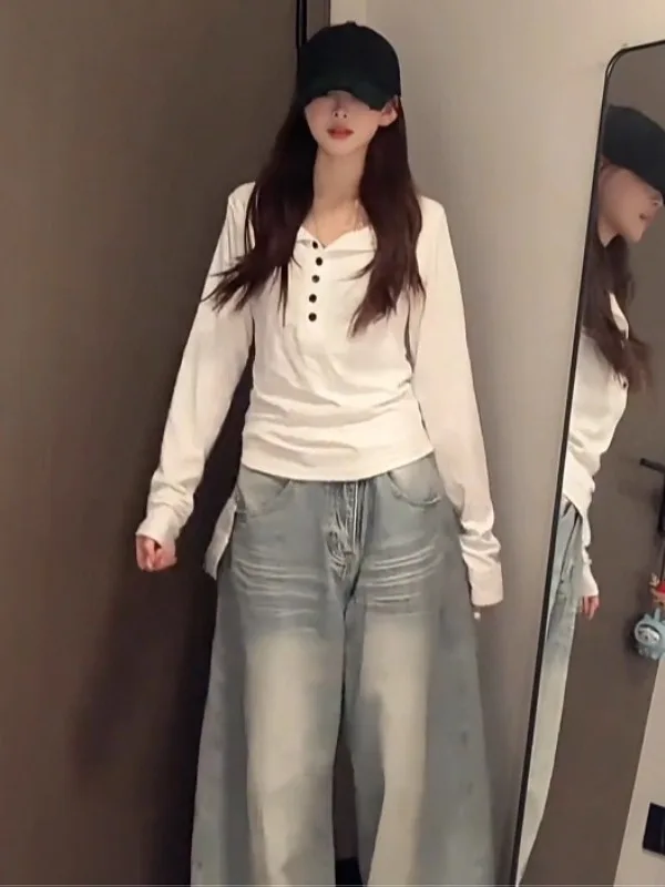 

Повседневная футболка больших размеров с длинным светом, женская осенняя модная базовая футболка с воротником Генри на пуговицах, удобная посадка