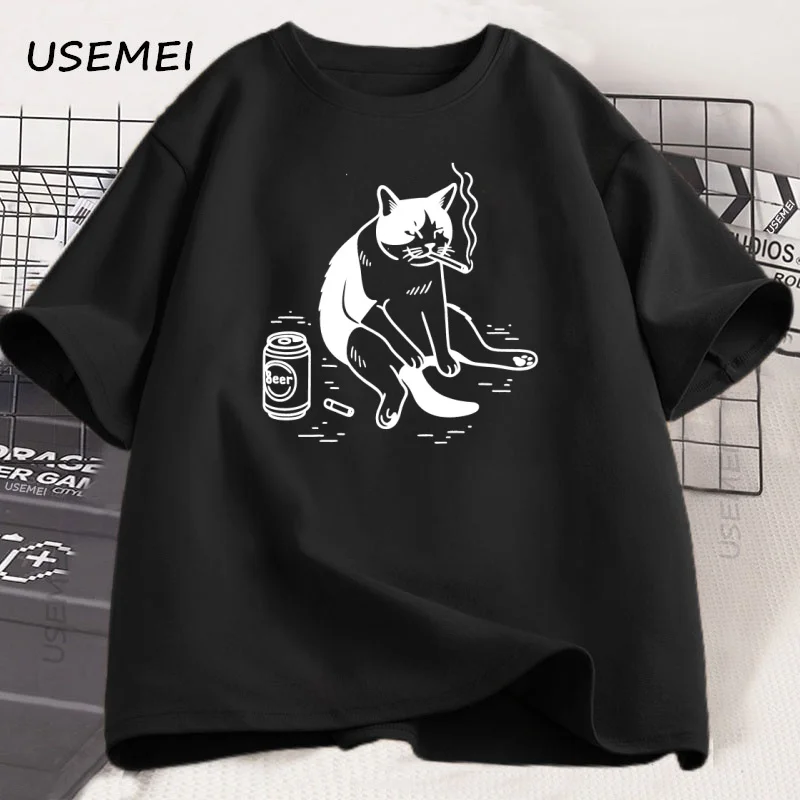 Lustige Rauchen Katze Meme T-Shirt Männer Zigarette Witz T Shirt Casual Dumme Brainrot Katze Liebhaber T-shirt Humor Kitty T Männliche Kleidung