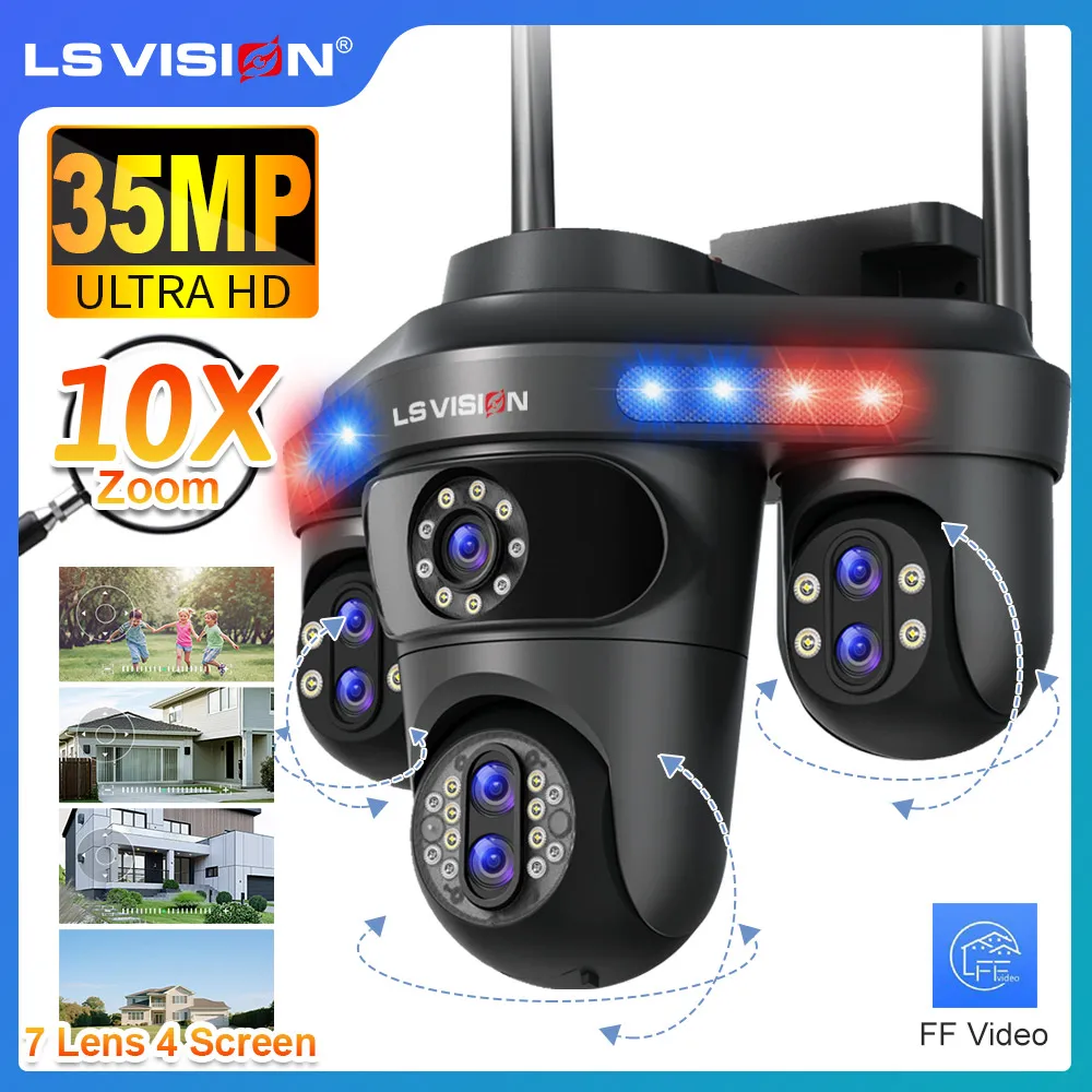 

LS VISION 35MP Four Screens WiFi IP Camera 10X Zoom Outdoor Seven Lens Three PTZ Cameras Remote Rotation Auto Tracking CCTV Cam