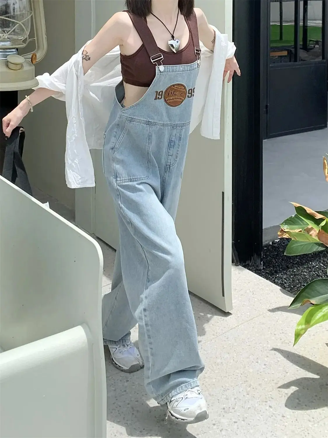 Träger Jeans Stickerei Buchstaben Denim Overall American Vintage Frauen hohe Taille lose weites Bein Streetwear Gesamt hose