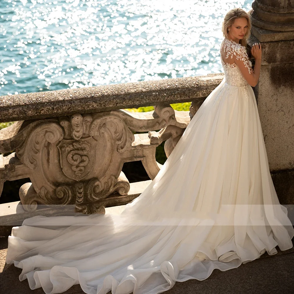 Flavinke personalizado querida manga longa rendas vestidos de casamento do vintage apliques frisado tribunal trem princesa uma linha vestido de noiva