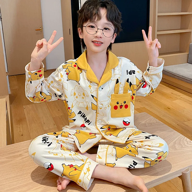 Anime 2Pcs Crayon Shin-Chan Children Pajamas Set Spring Boys Fashion Print Cotton Cardigan Pants Cartoon Parent-Child Homewear