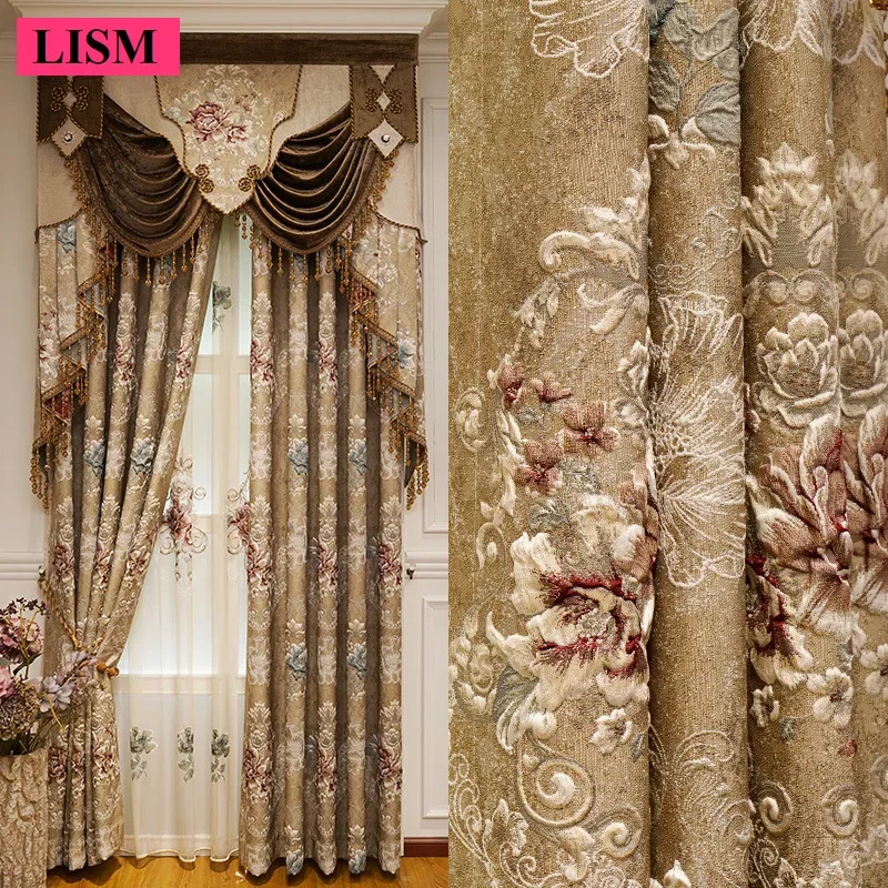 

Custom New 3D Embossed Luxury Curtains For Living Dining Room Bedroom European Flower High-end Textured Noble Valance Tulle Cort