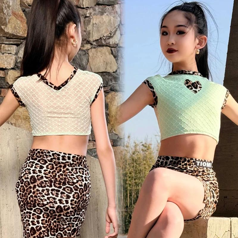 

Детские танцевальные костюмы для девочек, одежда для латинских танцев ча-ча-ча, топ с короткими рукавами, леопардовые юбки, сценический костюм SL15123