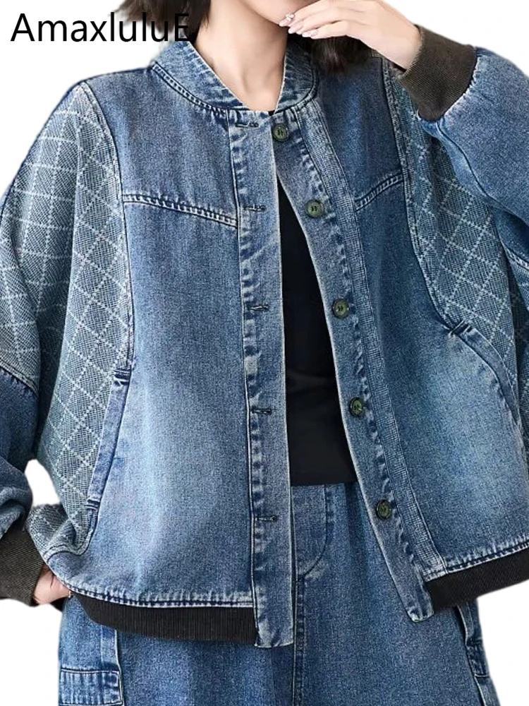 Amax LuluE 2026 Spring Korean Punk Denim Jackets Ladies Vintage Oversized Fashion Coats Womens Classic Leisure Plaid Outerwear
