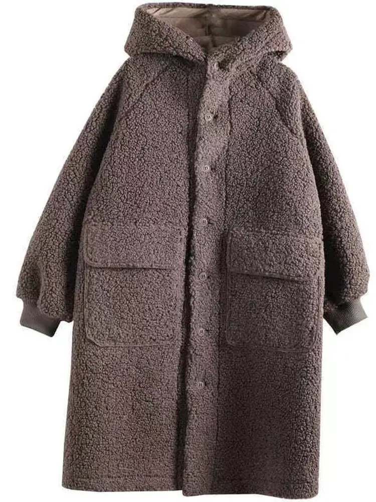 

plus Size Women's Loose Fit Hooded Cotton Jaet Warm Winter Coat Lamb Fur Vesting Medium Length Versatile Women's Coat