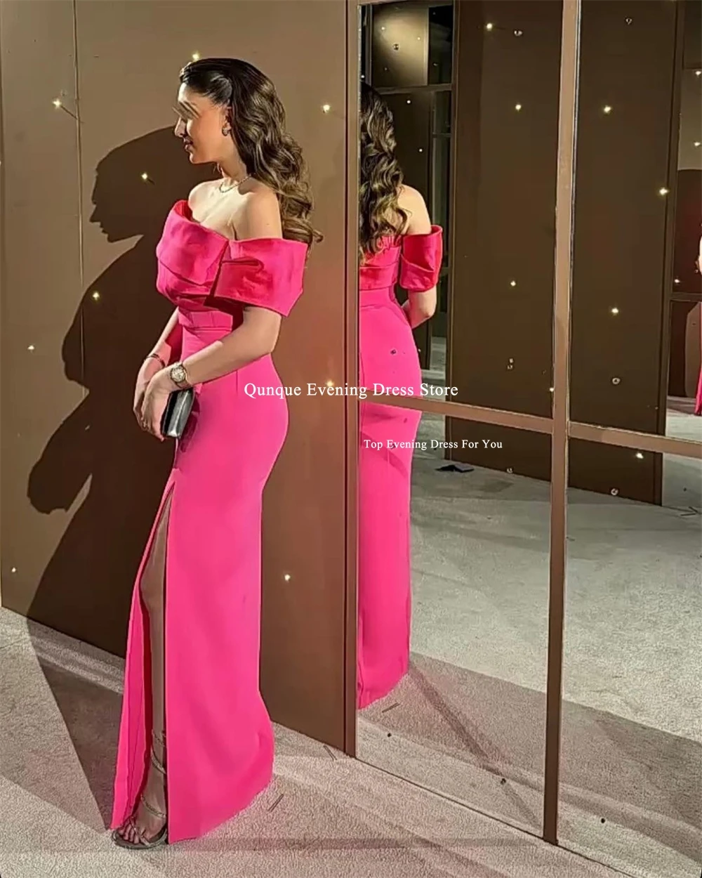 Qunque Fuchsia Mermaid Prom Dresses Customized Off Shoulder Sleeves High Slit Party Gala Gown Vestidos De Fiesta Evening Gown