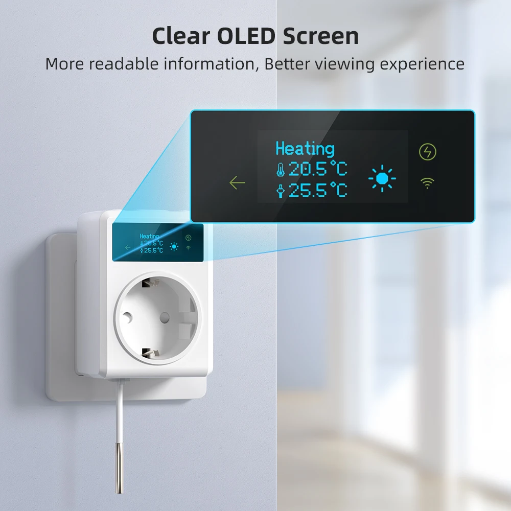 AVATTO WiFi Multi-function Socket Thermostat, OLED Screen Design, Temperature Controller Socket Outlet With Timer Switch Sensor