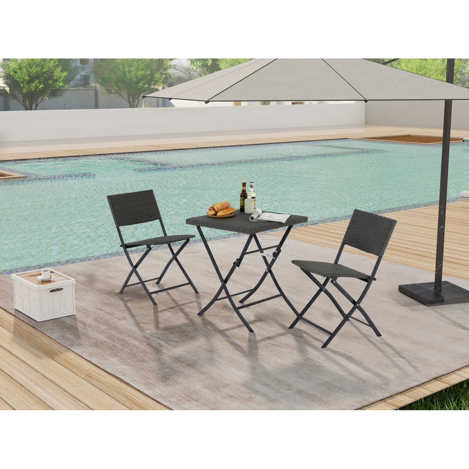 Rattan Patio Bistro Set, 3 Piece Foldable Outdoor Patio Furniture Sets, with Folding Table and Two Chairs, for Garden, Backyard,