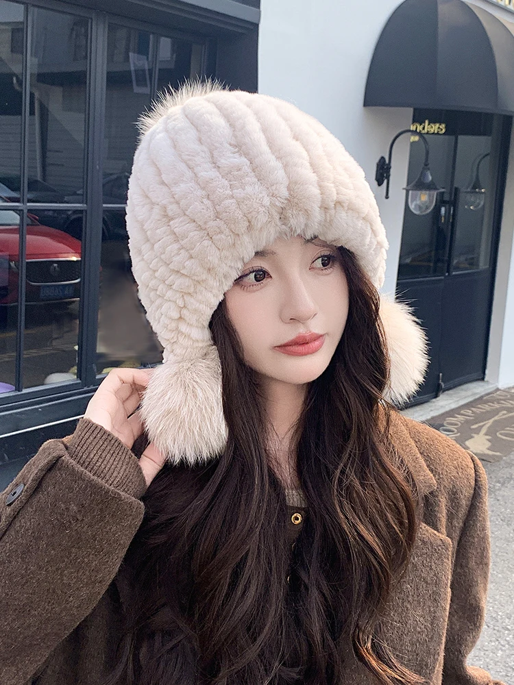 Gorro de piel de conejo auténtica con bola de piel de zorro, orejeras, gorro protector, gorro de invierno para mujer, cazador ruso, gorro de otoño