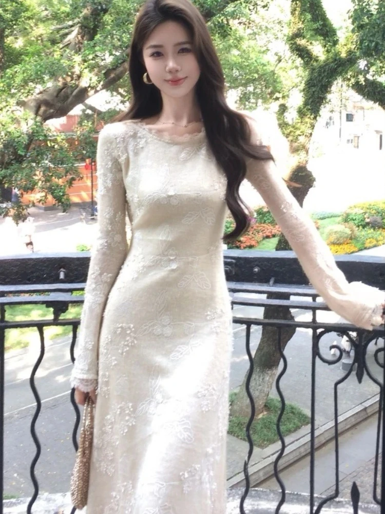 

Autumn Spring New Elegant Two-piece Solid Midi Dress Sets For Women Long Sleeve Slim Vestidos Evening Party Robe