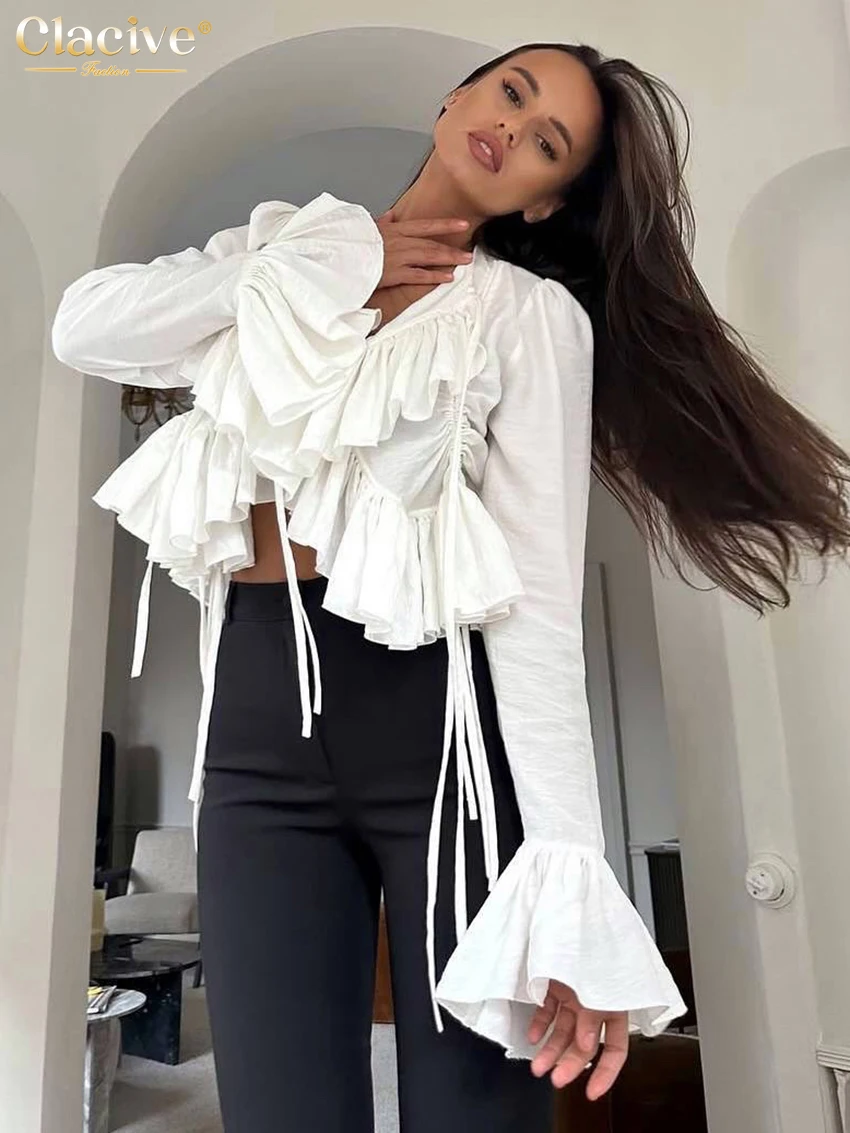 بلوزة نسائية بيضاء فضفاضة على الموضة من Clacive 2025 قميص مثير بياقة على شكل v وأكمام طويلة أنيق كلاسيكي مكشكش ملابس علوية متينة ملابس نسائية