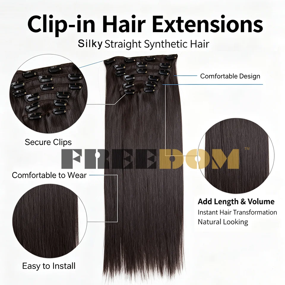 FREEDOM Synthetische Clip-In-Haarverlängerungen, 7 Stück/Set, 18"-22" Zoll, lange, glatte, Ombré-braune und blonde Haarstücke für den täglichen Gebrauch von Frauen. – Detail 7