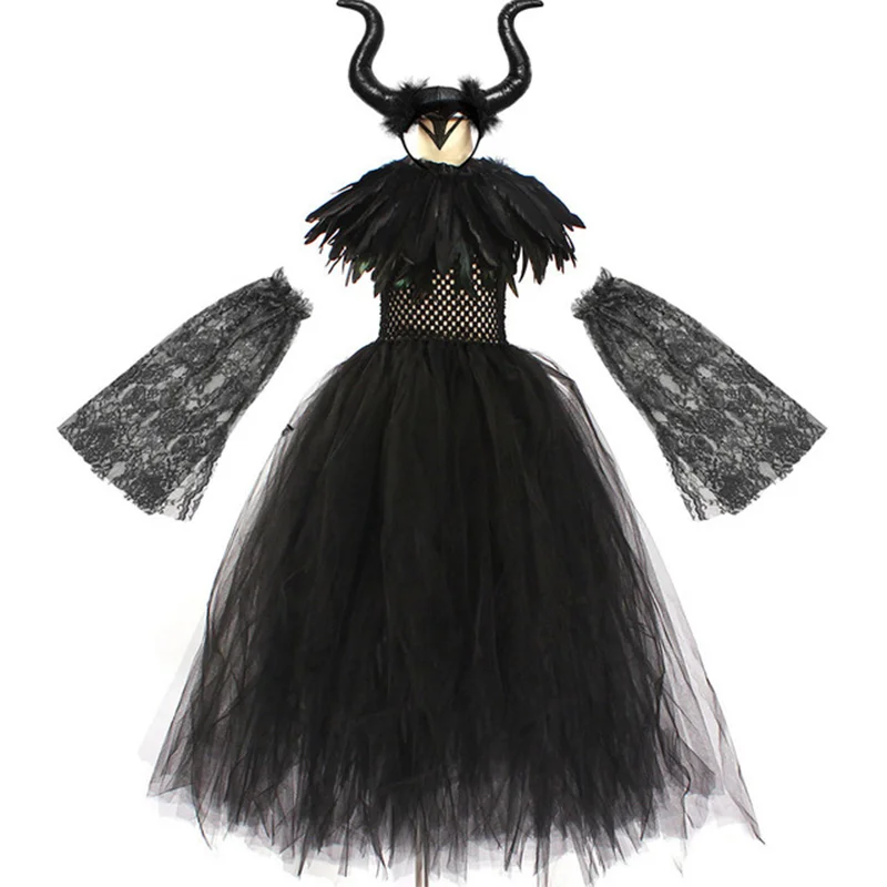 Halloween Costume Maleficent Tutu Dress For Girls Cosplay Evil Queen Black Mesh Princess Dress Kids Crow Wand Demon Witch Gown