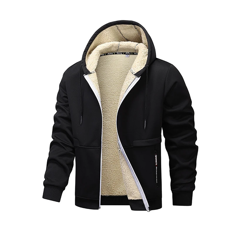 Men Hoodie Long Sleeve Hooded Wool Lining Zip-up Sweatshirt Jacket for Casual Daily