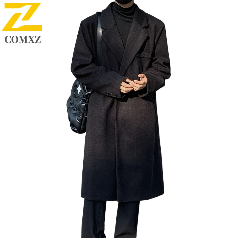 COMXZ Long Wool Overcoat Men Korean Style Autumn Winter Fleece Lined Thickened Woolen Trench Casual Travel Windproof Garment