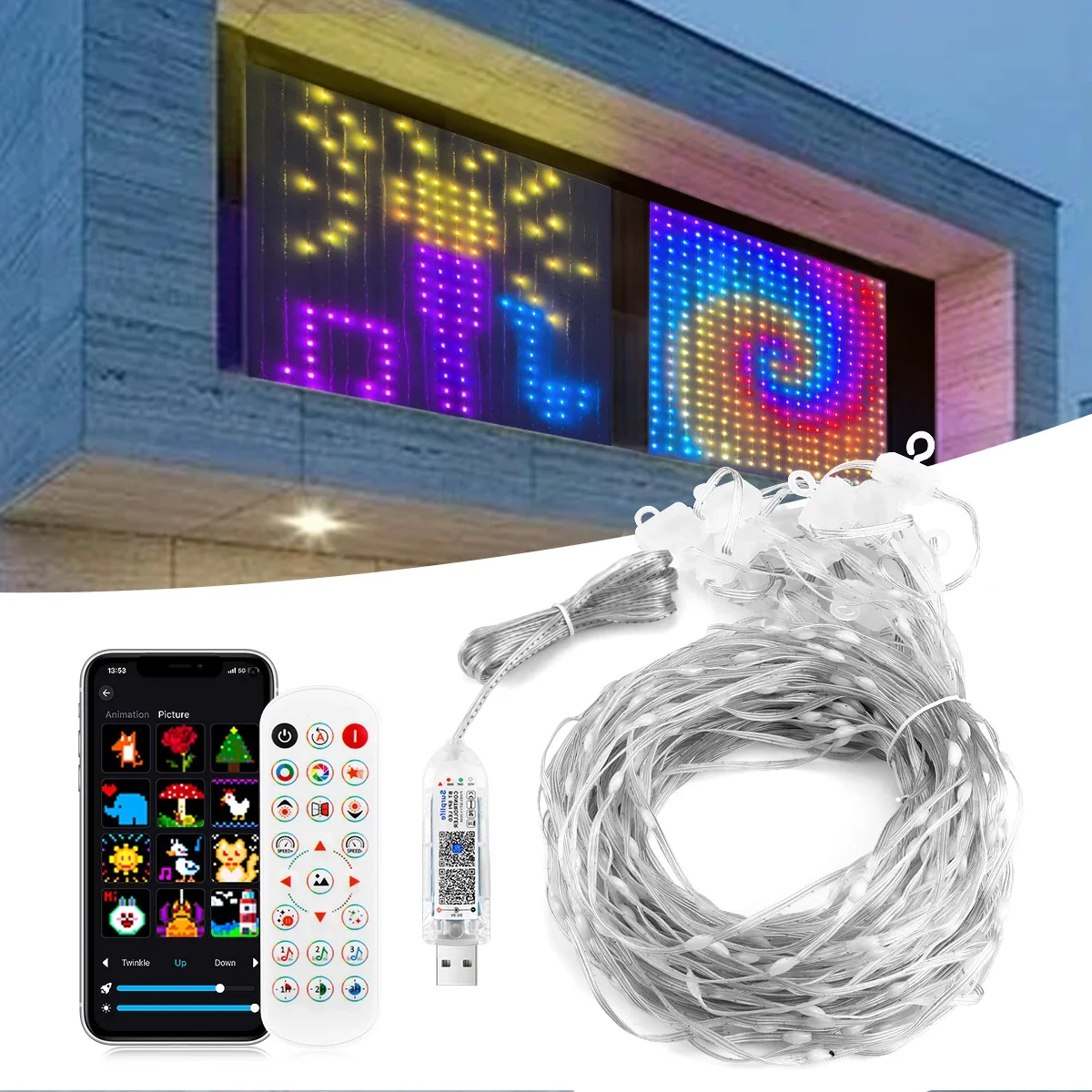 Luci a corda per tende a LED USB 5V RGB con telecomando APP Modalità musicale Immagine fai da te Modello di animazione Festival di nozze di Natale
