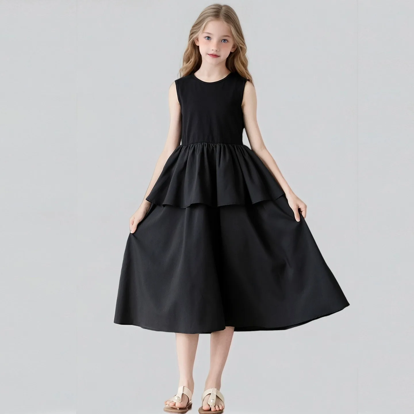 2026 retro French spring summer Teens Girls short sleeve tutu layered splicing princess flounce dress Children 4 8 10 12 14 year