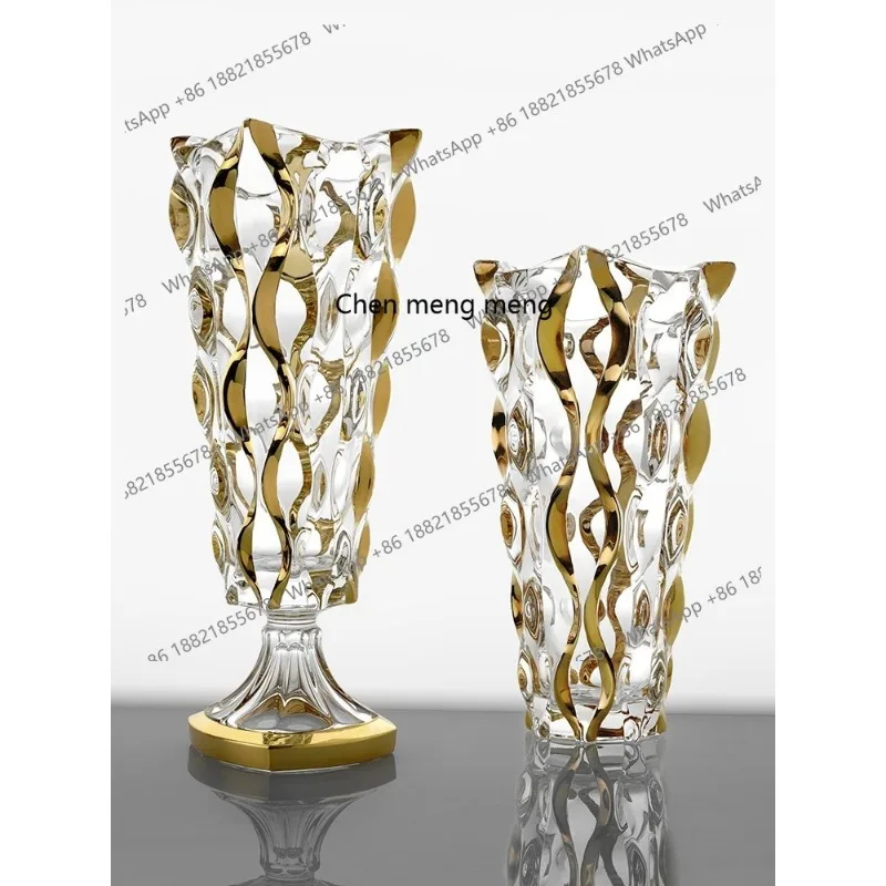 Crystal glass vase, hand-painted gold living room ornament, light luxury dried flower decoration, high-end