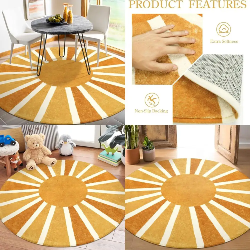 

Круглый ковер в стиле бохо - 5 футов, машинная стирка, мягкий, для спальни, нескользящий, для гостиной, с милым радужным солнцем