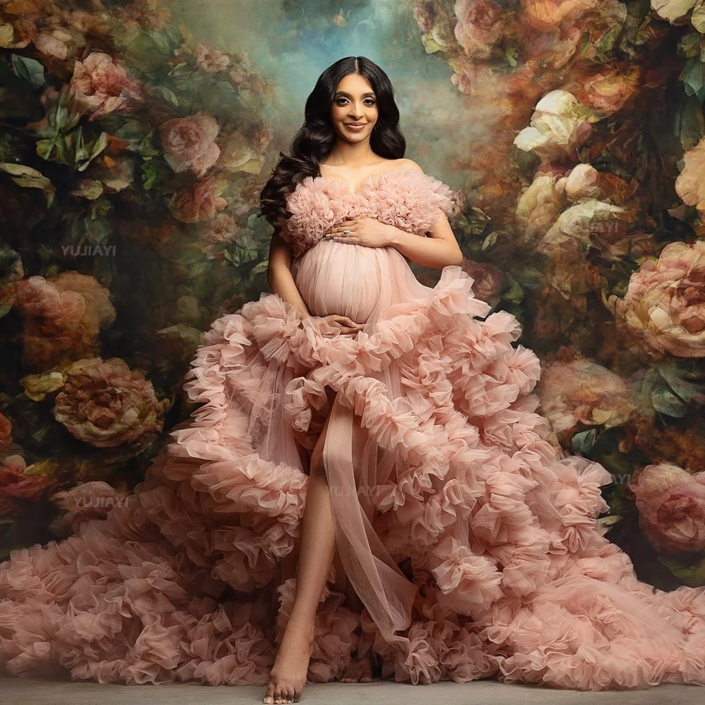 ฉัตรRufflesคลอดบุตรชุดราตรีPuffy Tulle Robesหญิงตั้งครรภ์ชุดด้านหน้าแยกงานแต่งงานเจ้าสาวชุดนอนการถ่ายภาพ