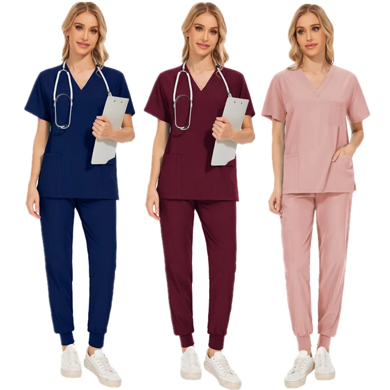 Uniformes quirúrgicos de manga corta con cuello en V para mujer, ropa de trabajo con bolsillo para enfermera, dentista, uniformes médicos, traje Exfoliante para clínica