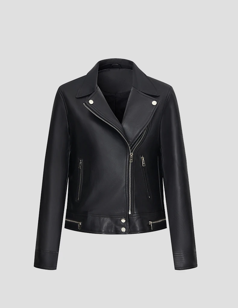 Preto couro do plutônio jaqueta feminina outono turn down collar zíper motocicleta casaco curto 2025 novo casual outerwear topos