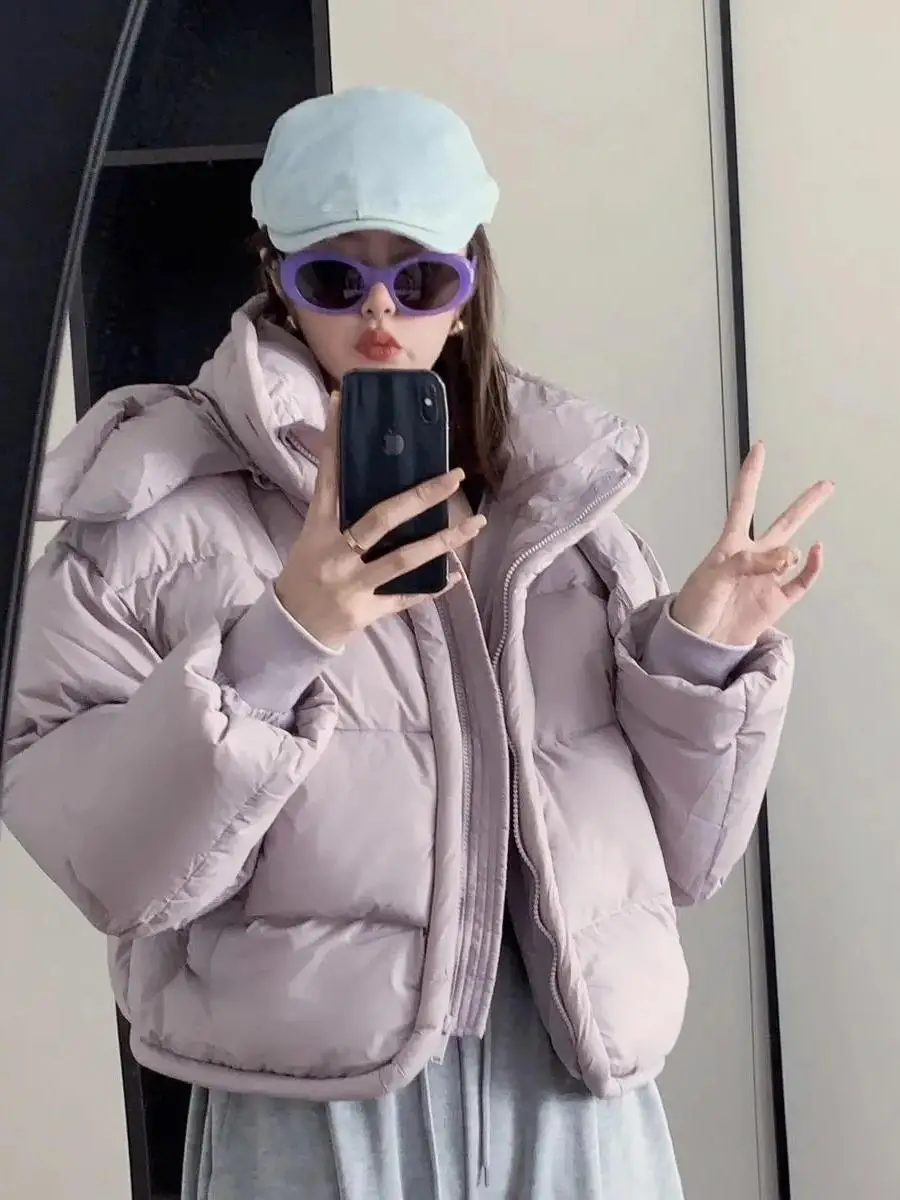 

Korean Style Detachable Hat Hooded Women's Short Casual Fashion Versatile Design Winter Outerwear Thickened Long Sleeve Zipper