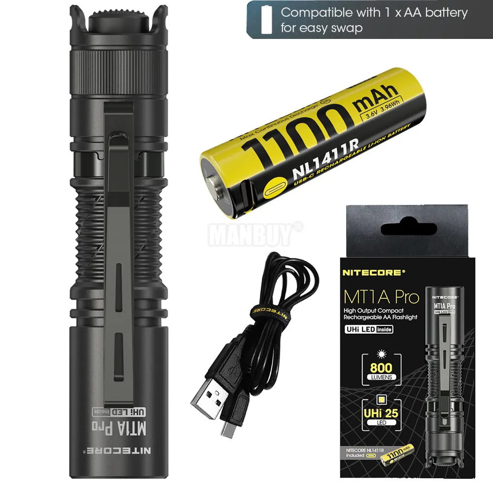2024 NITECORE MT1A Pro 800 Lumens LED White Light Outdoor Camping Flashlight with 1100mAh NL1411R 14500 USB Rechargeable Battery