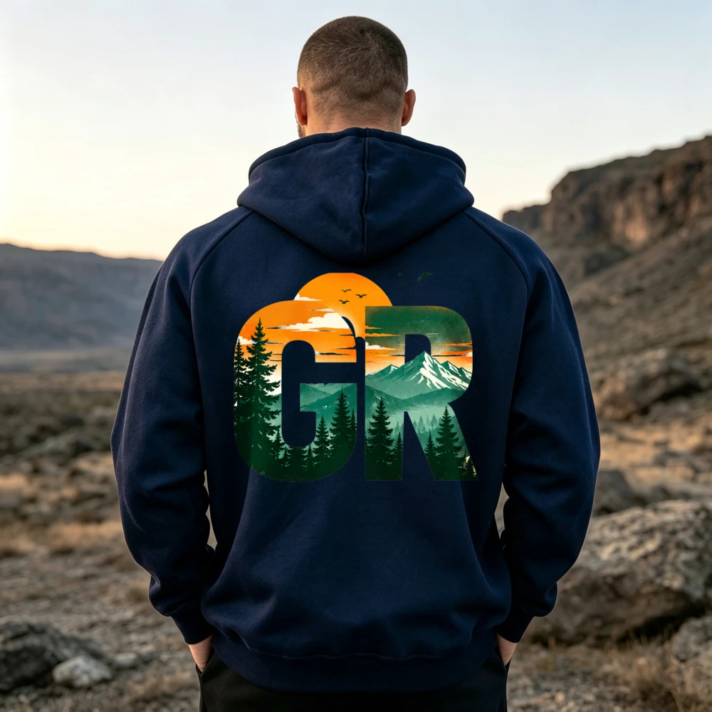 GR Letter Mountain Sunset Pine Tree Scenery Graphic Hoodie Back Print Sweatshirt Nature Wilderness Forest Hiking Camping Hooded