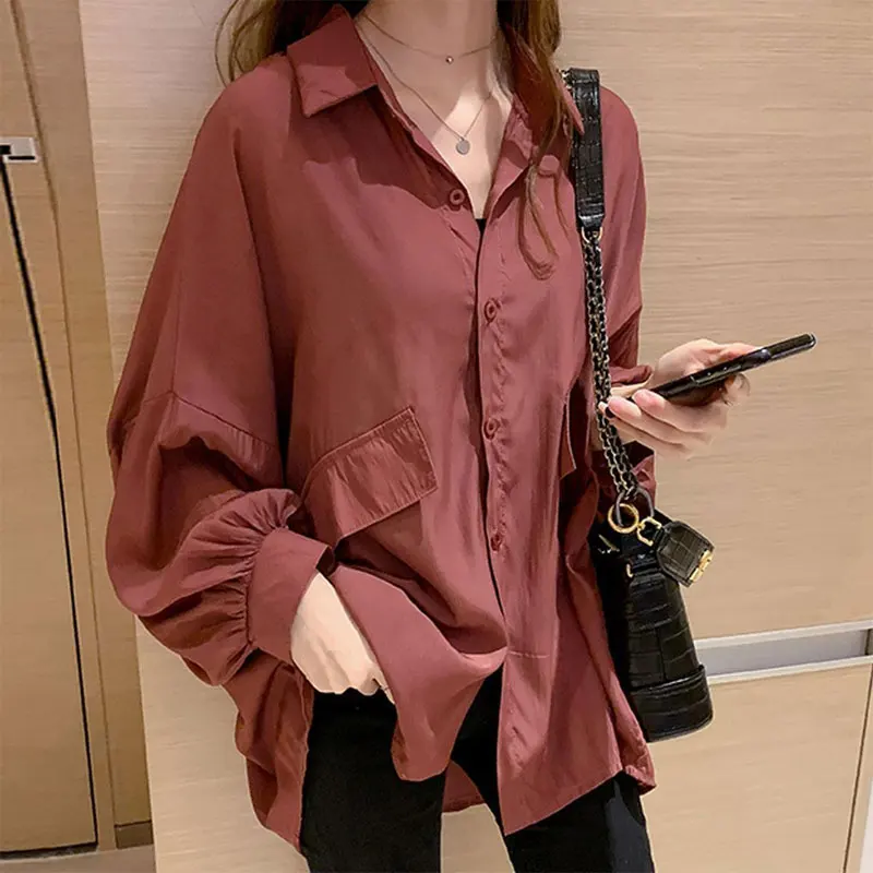 Koreanische lose einfarbige Bluse Frühling Herbst neuer Turn-Down-Kragen lässig einreihig Patchwork Frauen pendeln Midi-Shirt